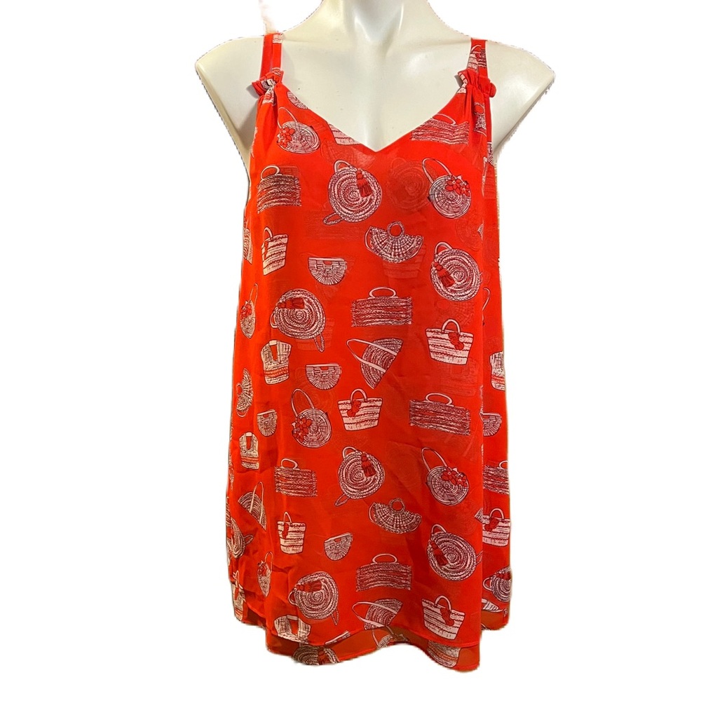 CAbi Red Nantucket Cami with Straw Purse Print M